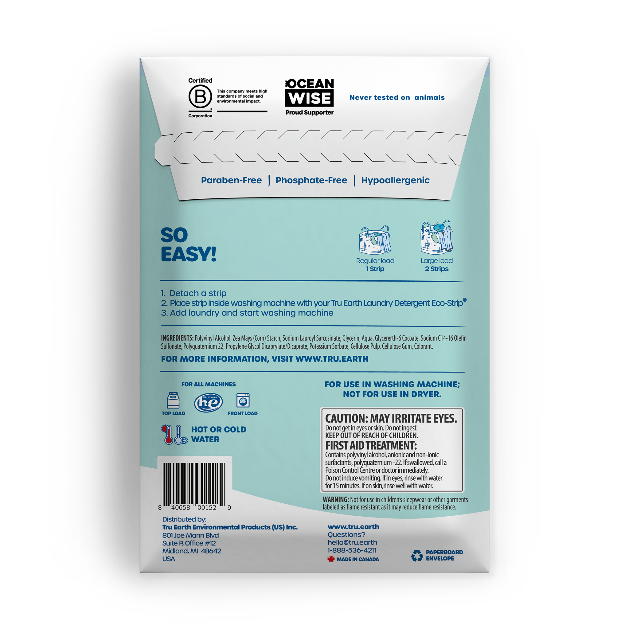 TruEarth Fabric Softener Fragrance-Free Back of Package || 64 Strips