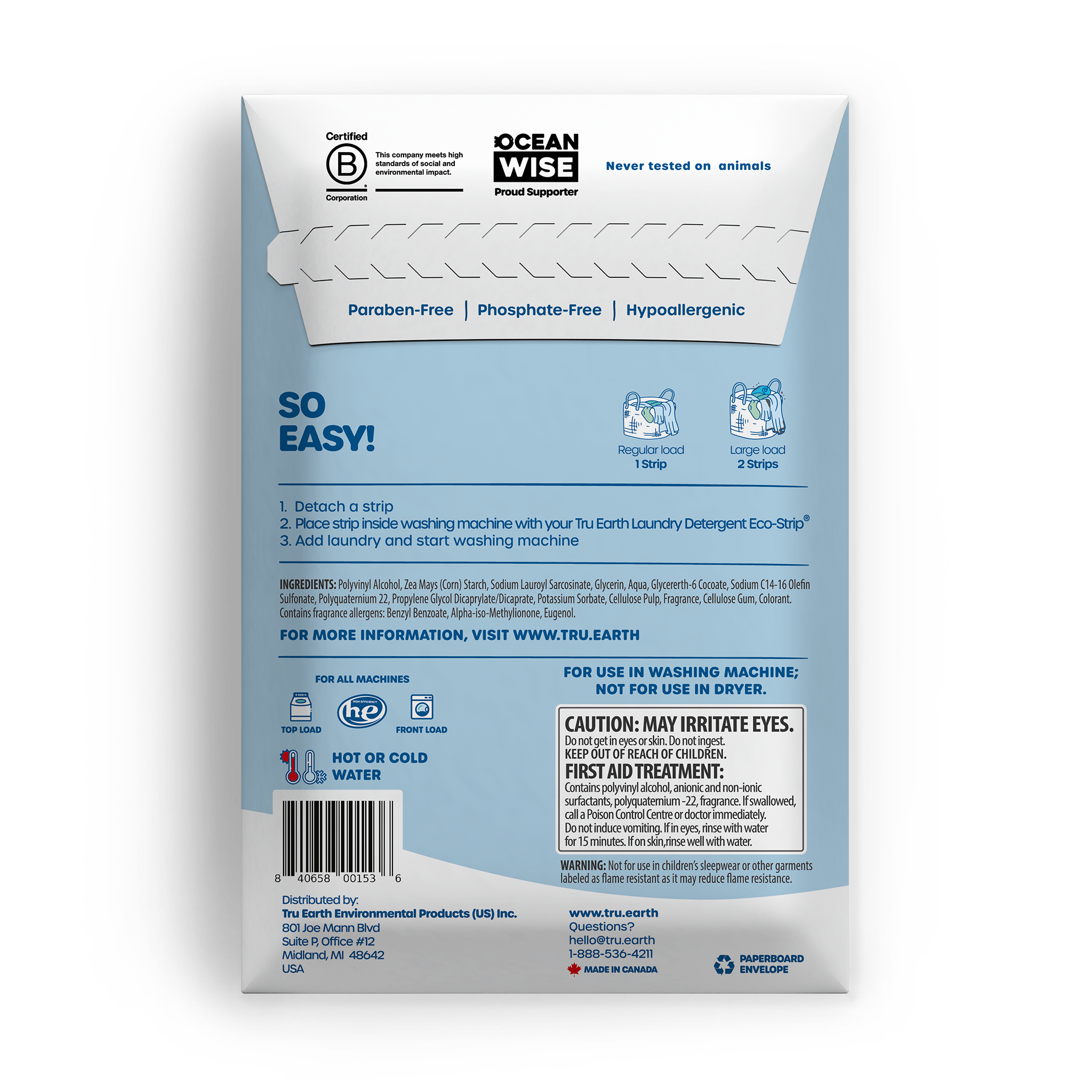 TruEarth Fabric Softener Fresh Linen Back of Package || 64 Strips