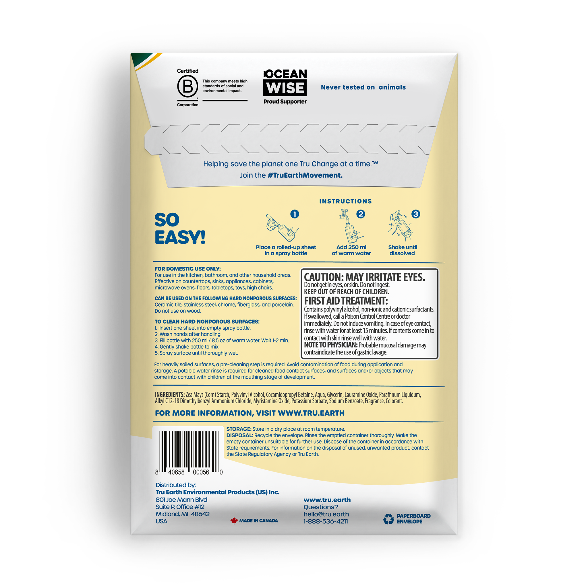 TruEarth Multi-Surface Cleaner Back of Package || 16 Sheets