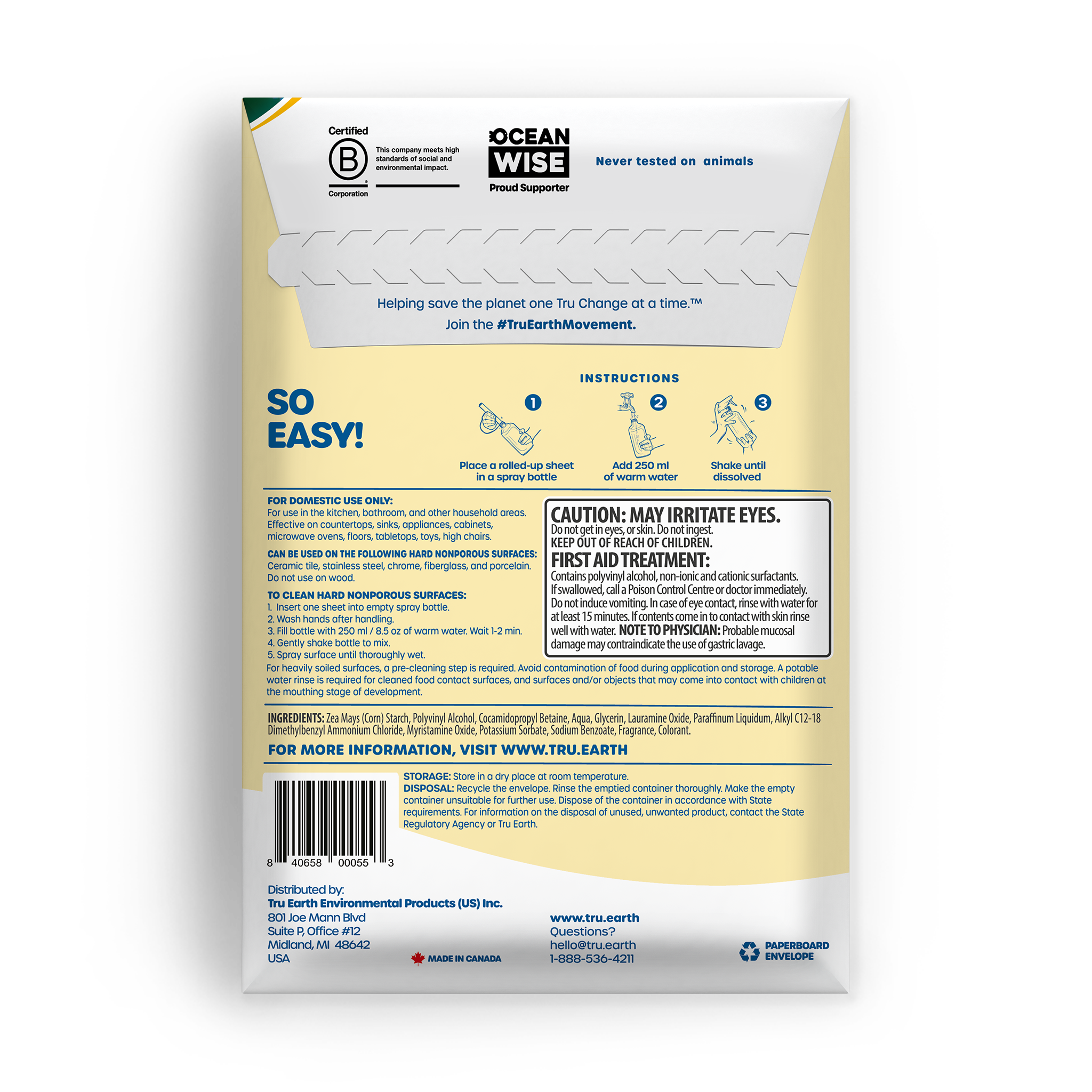 TruEarth Multi-Surface Cleaner Back of Package || 8 Sheets