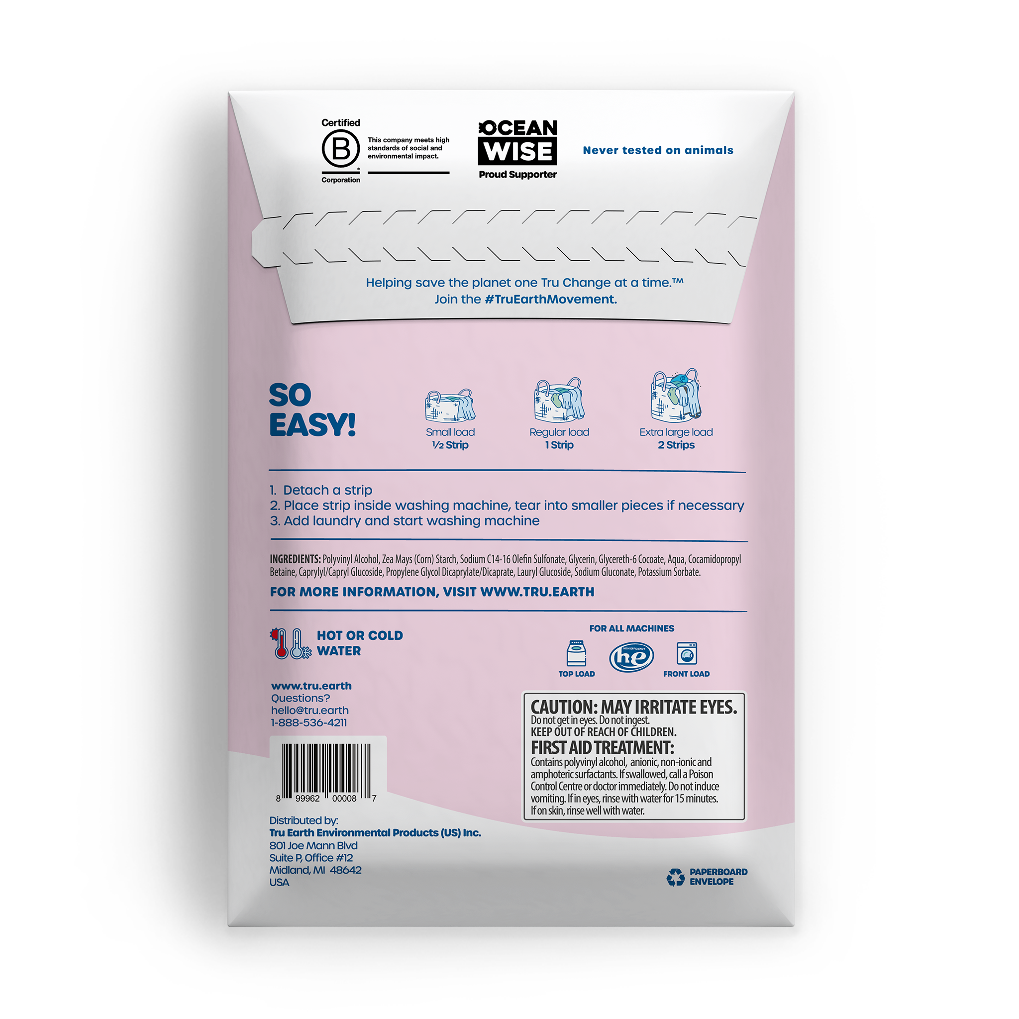 TruEarth Laundry Detergent Baby Fragrance-Free Back of Package || 32 Strips