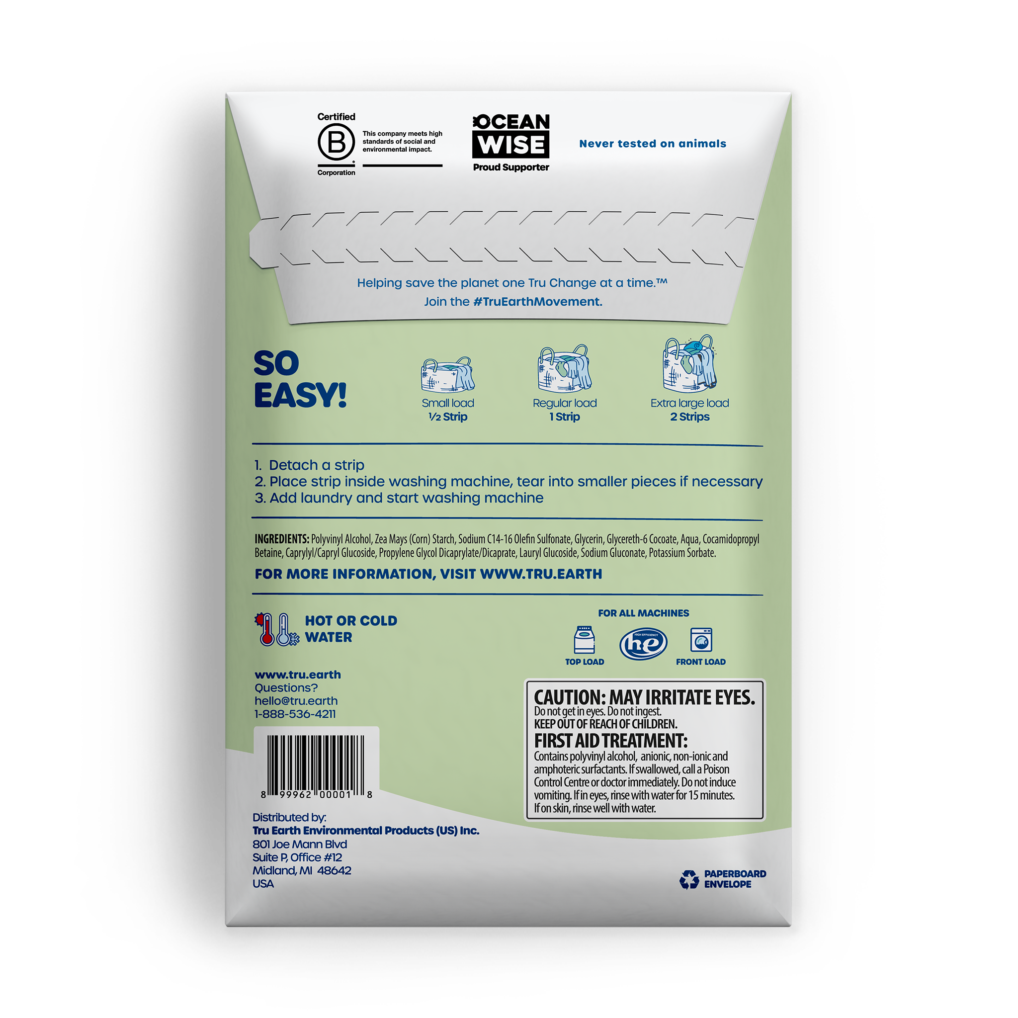 TruEarth Laundry Detergent Fragrance-Free Back of Package || 32 Strips