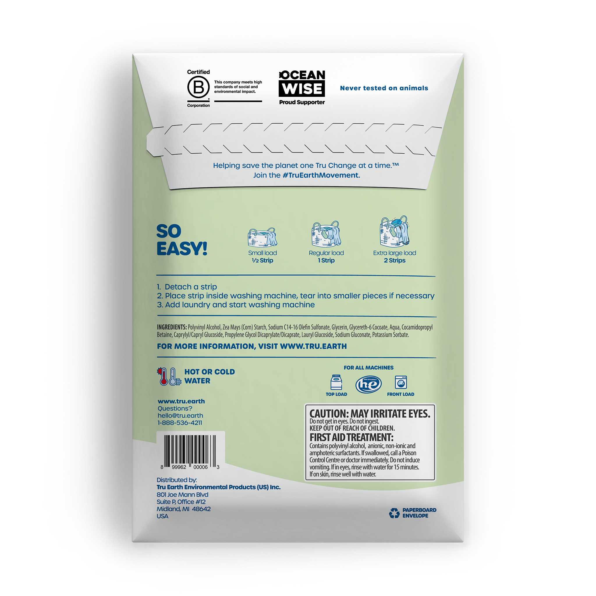 TruEarth Laundry Detergent Fragrance-Free Back of Package || 64 Strips