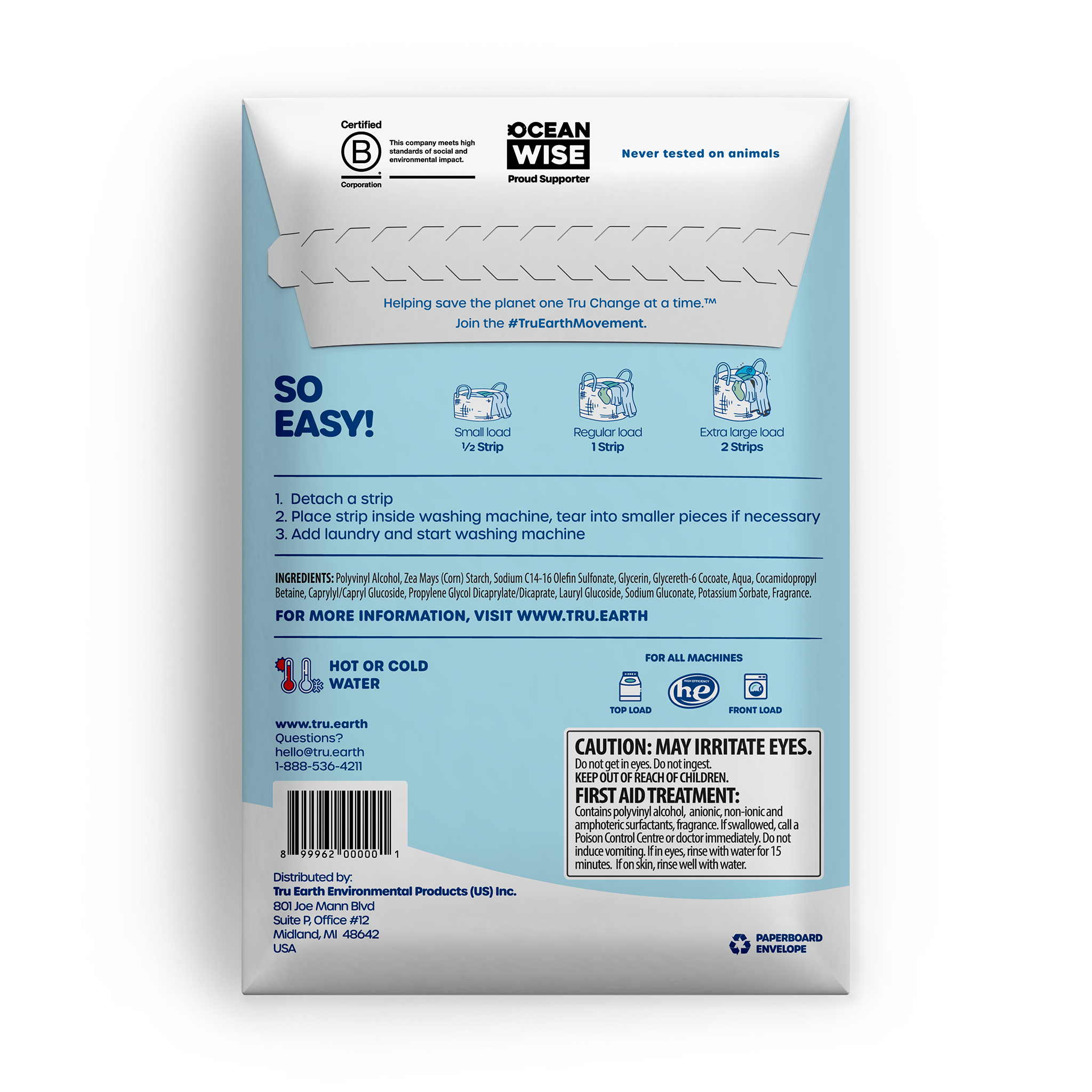 TruEarth Laundry Detergent Fresh Linen Back of Package || 32 Strips