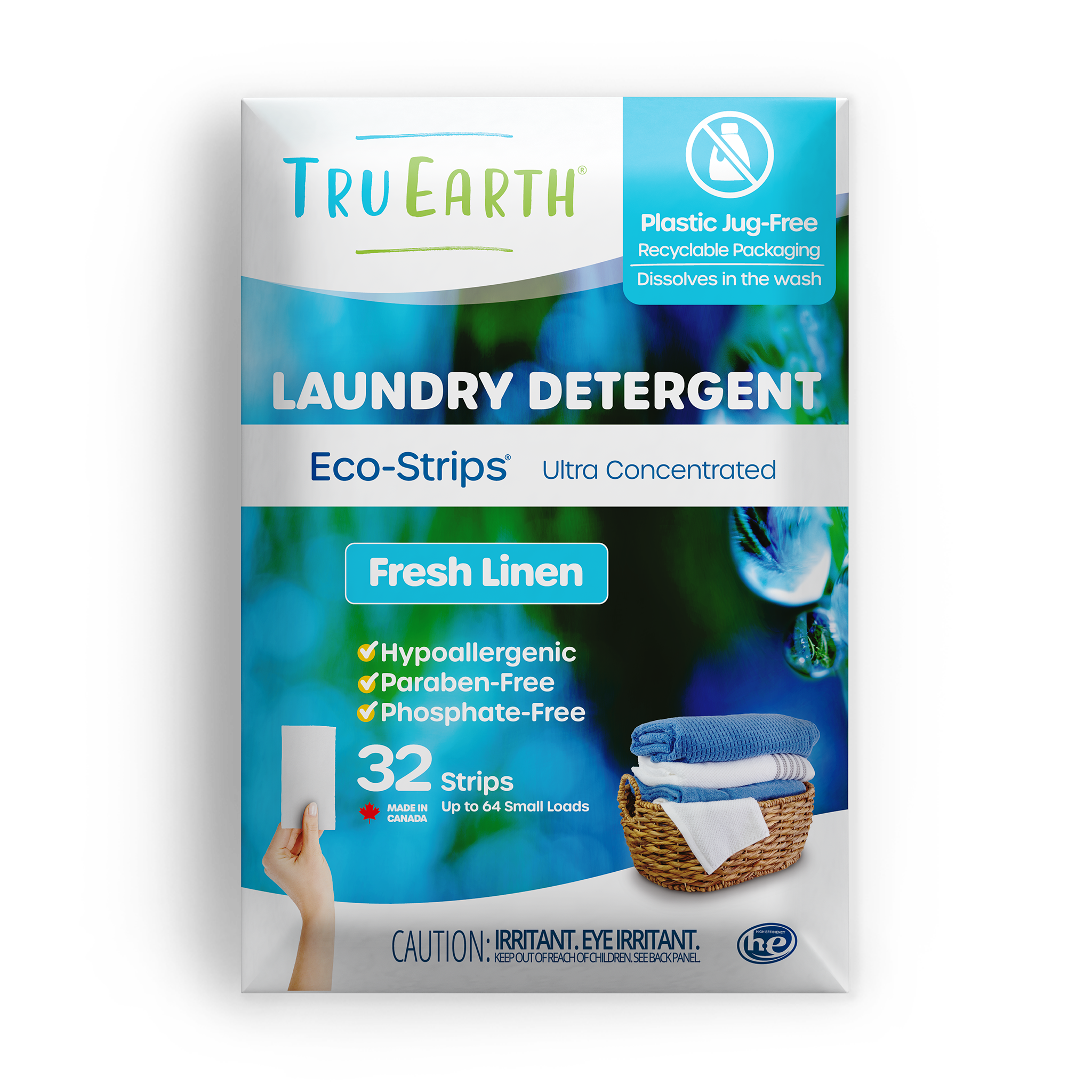 TruEarth Laundry Detergent Fresh Linen Front of Package || 32 Strips