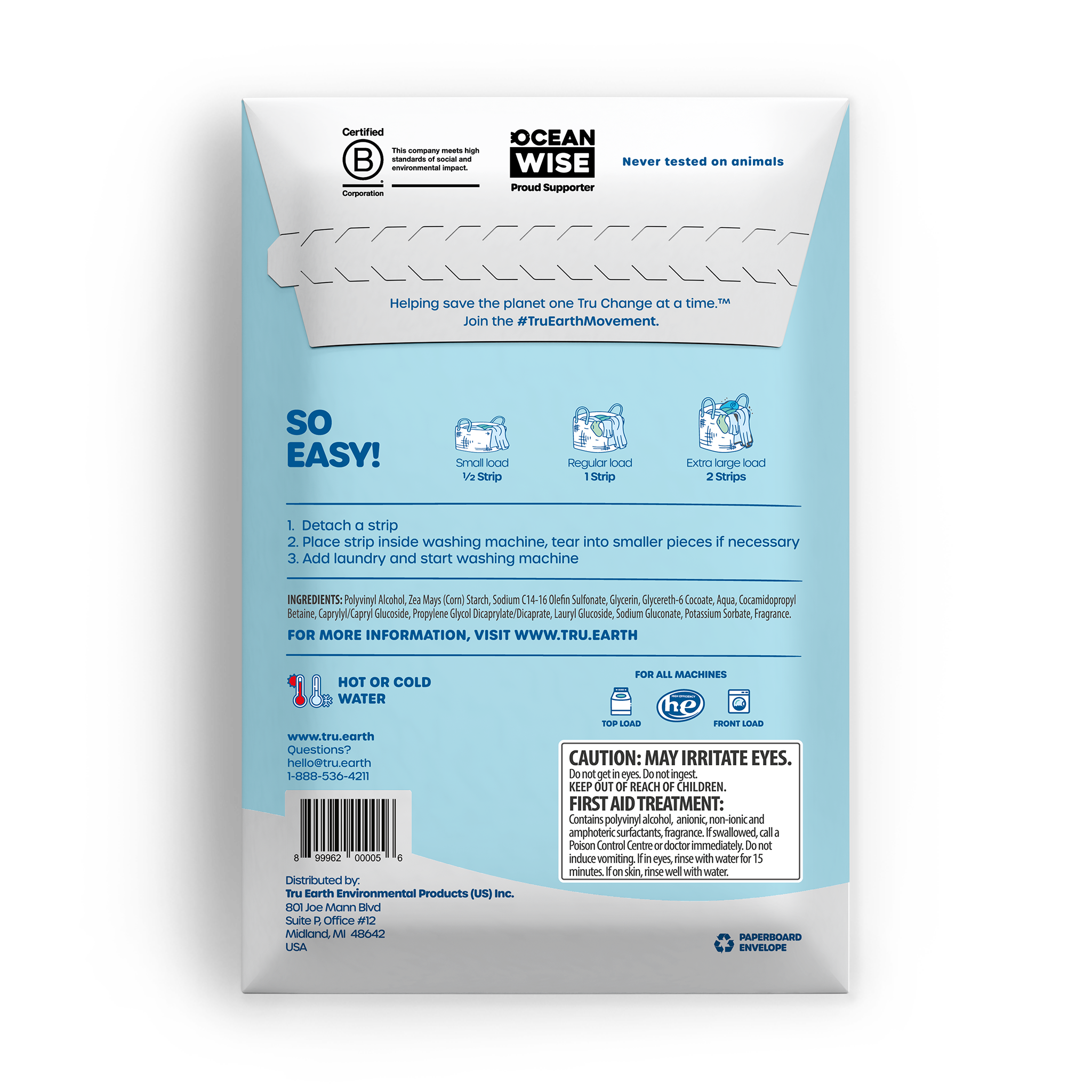 TruEarth Laundry Detergent Fresh Linen Back of Package || 64 Strips