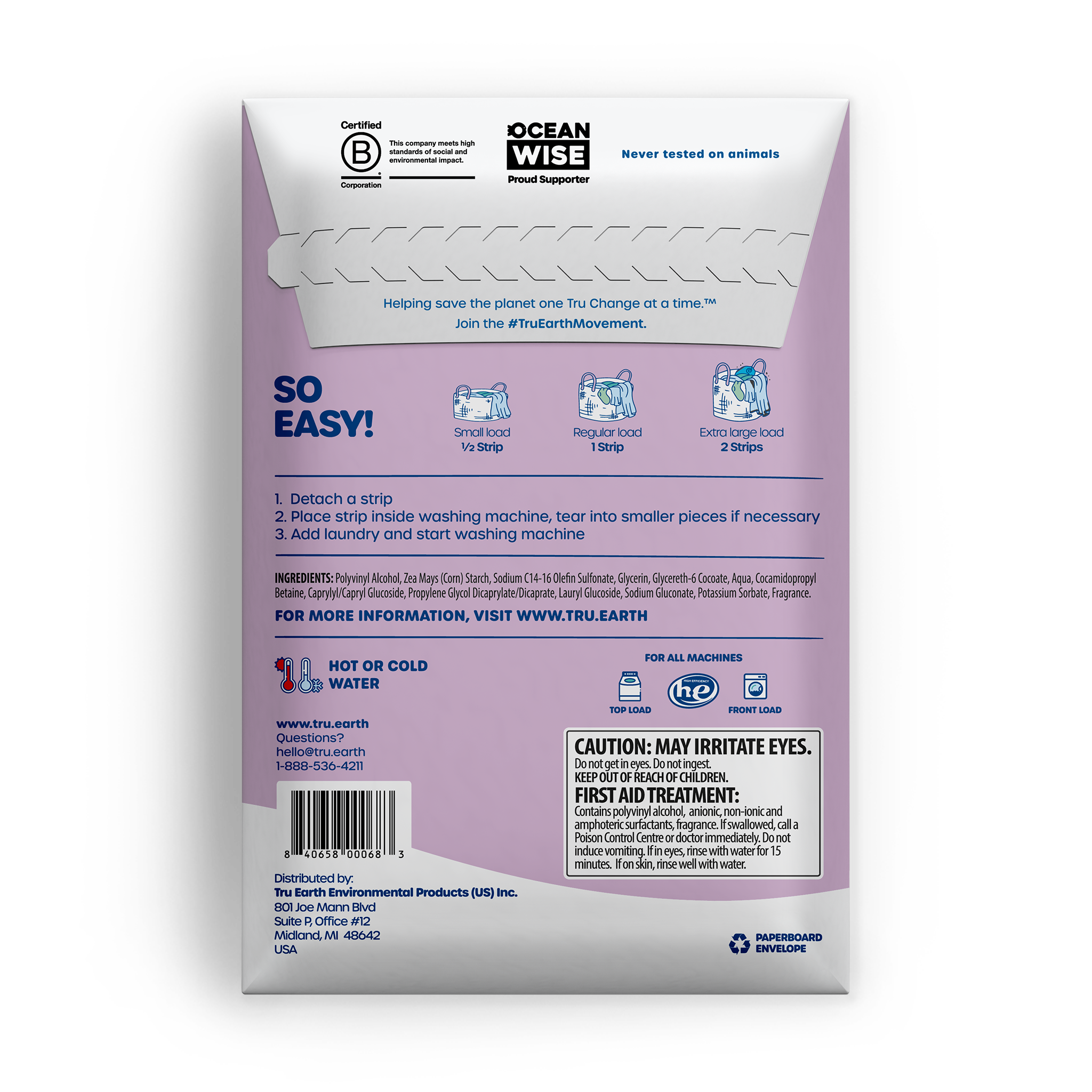 TruEarth Laundry Detergent Lilac Breeze Back of Package || 32 Strips