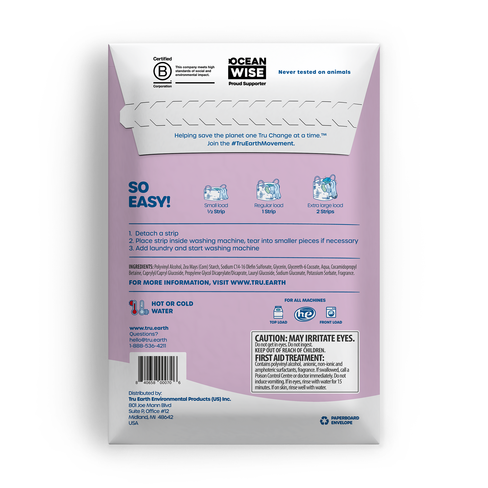 TruEarth Laundry Detergent Lilac Breeze Back of Package || 64 Strips
