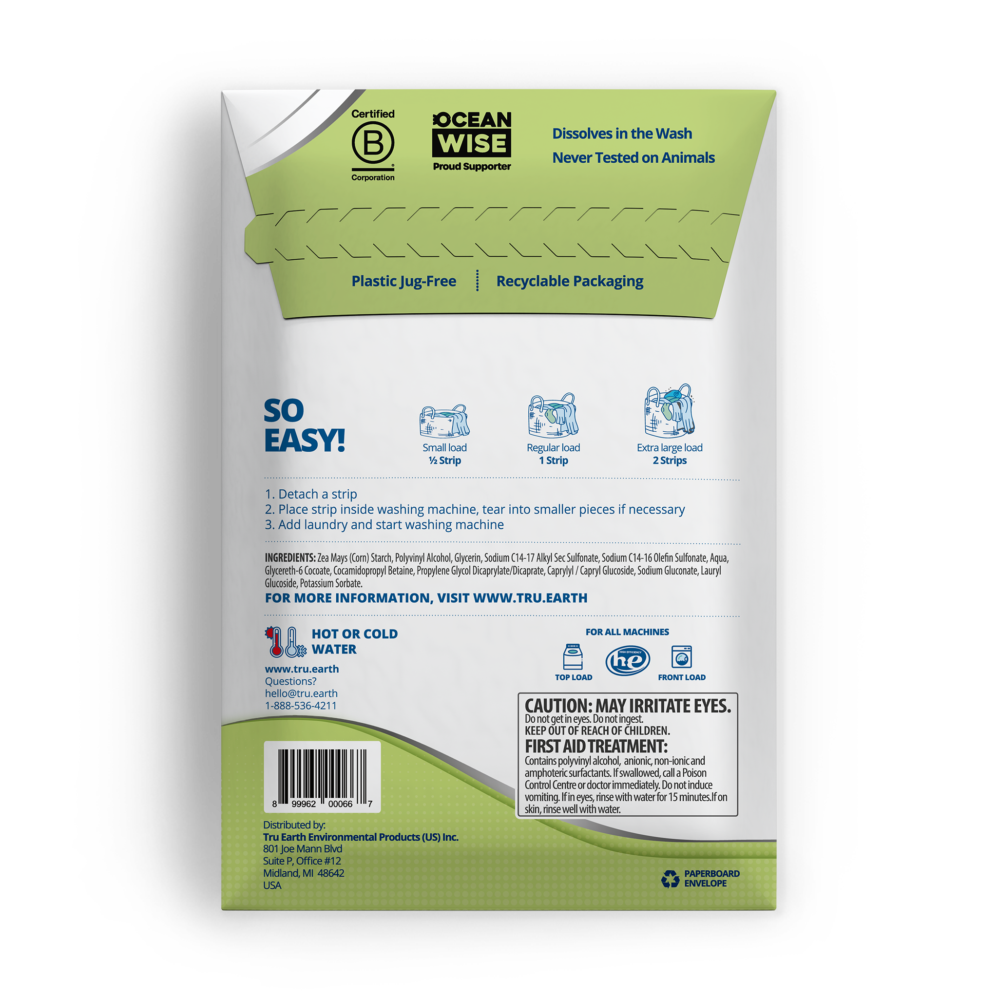 TruEarth Platinum Laundry Detergent Fragrance-Free Back of Package || 64 Strips