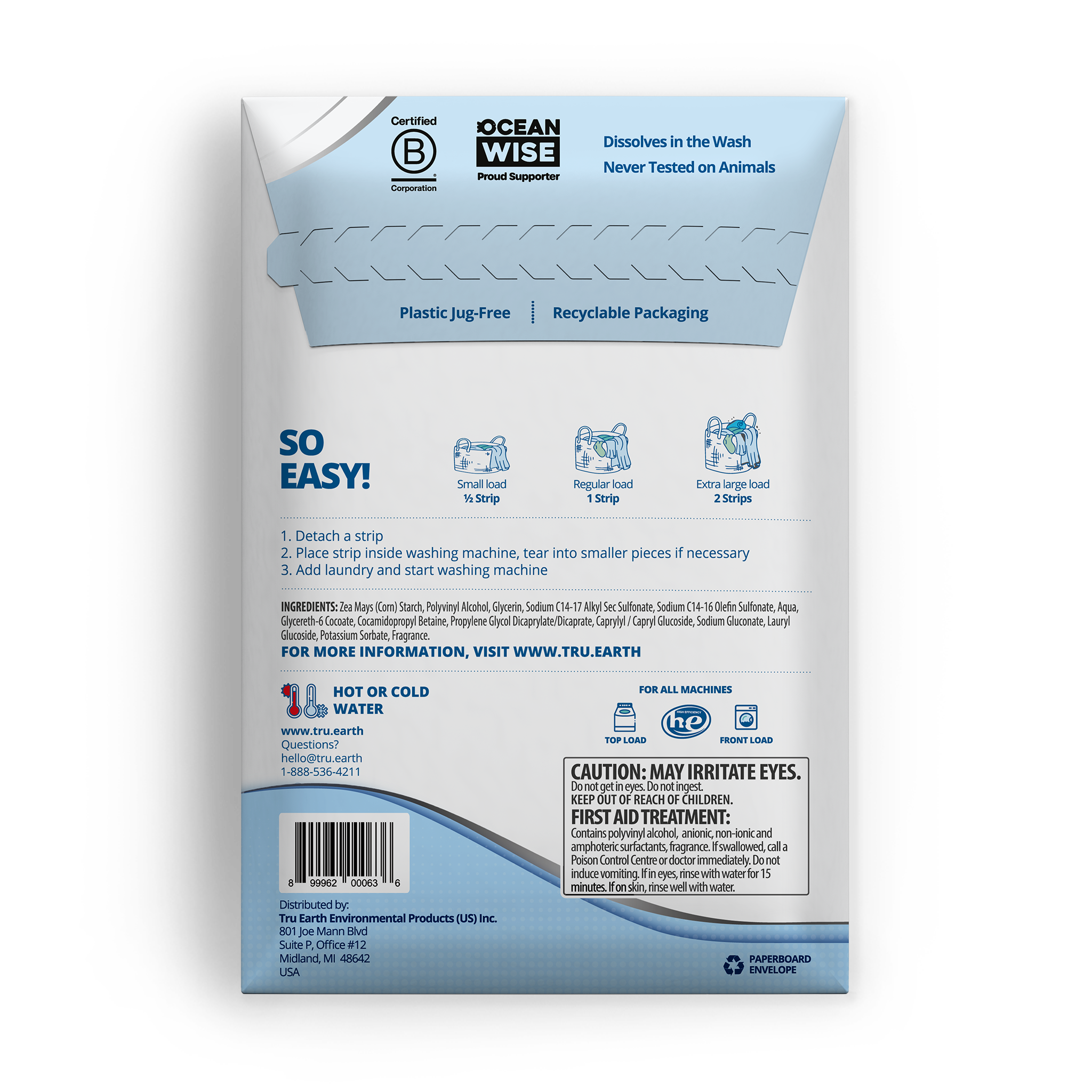 TruEarth Platinum Laundry Detergent Fresh Linen Back of Package || 32 Strips