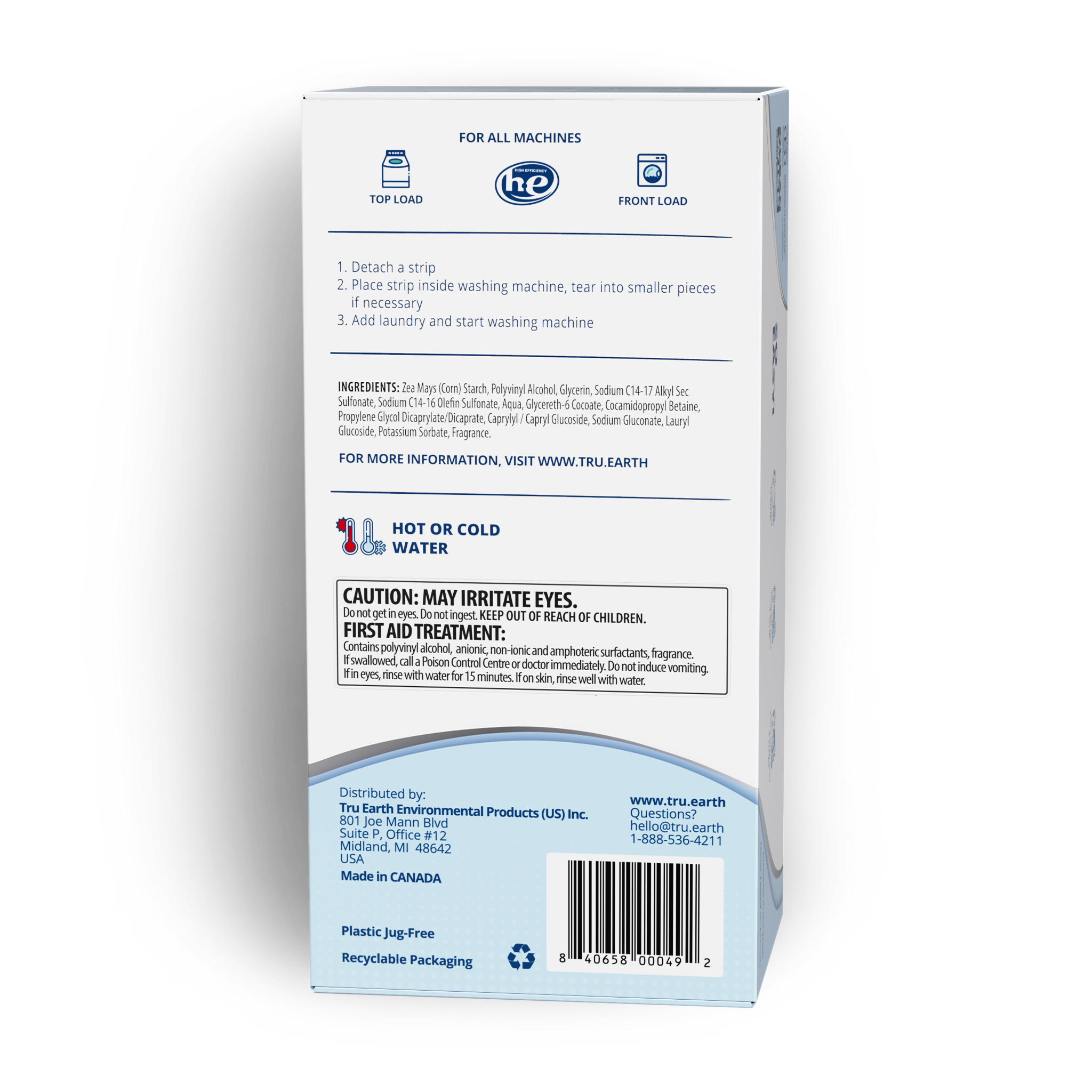 TruEarth Platinum Laundry Detergent Fresh Linen Back of Package || 384 Strips