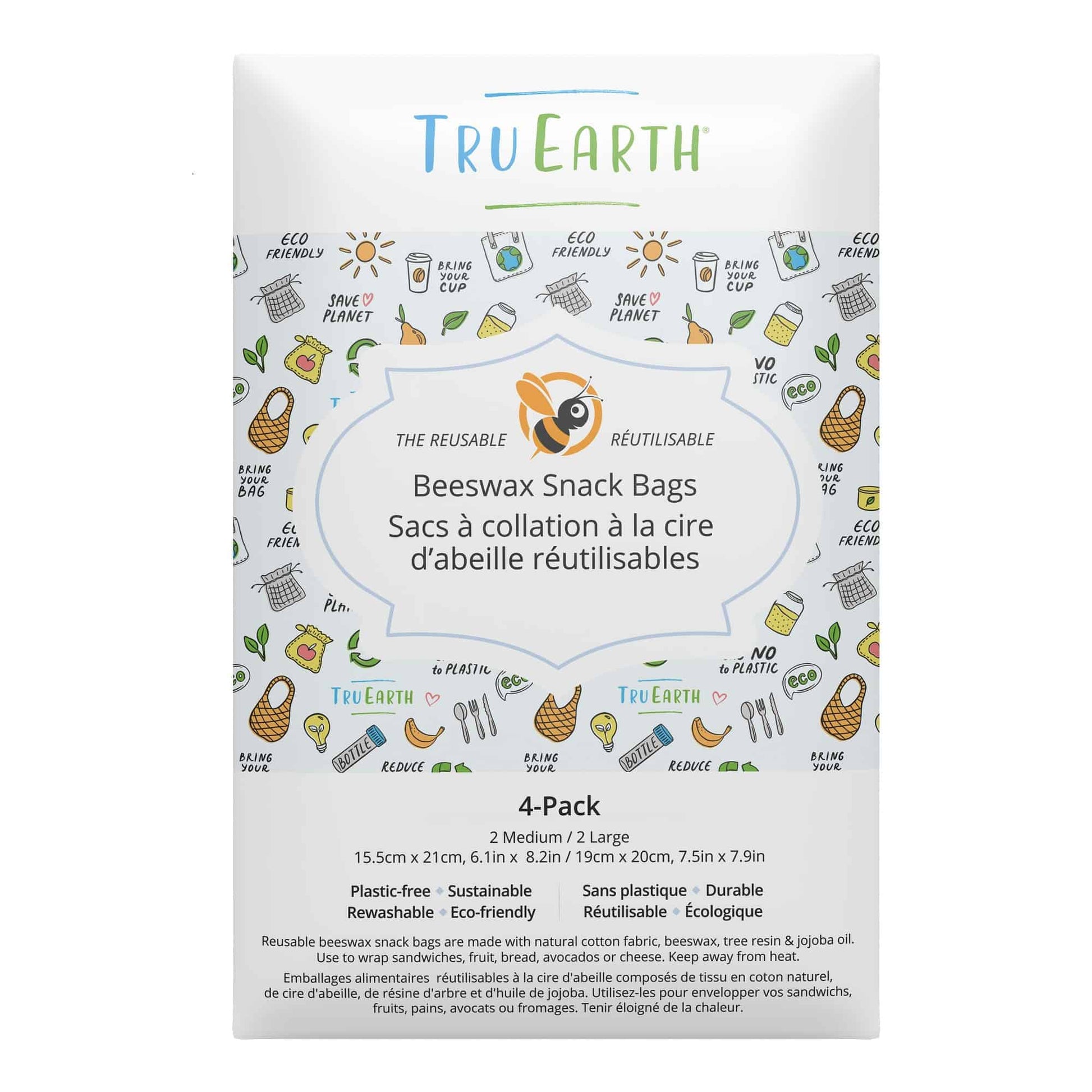 Tru Earth Beeswax Snack Bags 4 Pack - 2 Medium, 2 Large